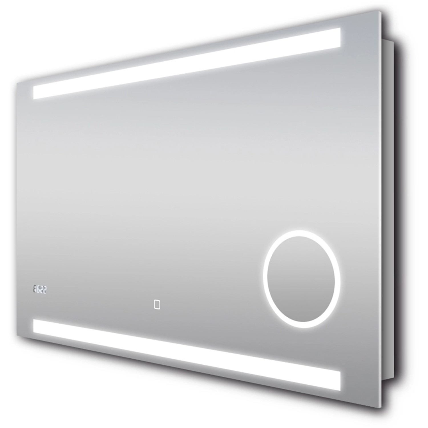 DSK Design LED-Lichtspiegel Silver Conde, 100x60 cm, mit Digitaluhr und Kosmetikspiegel.