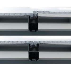 Detailaufnahme der Palram Canopia Terrassenüberdachung Feria Anthrazit: Verbindung von Polycarbonat-Dachplatten.