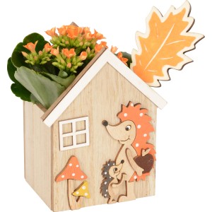 Flammendes Käthchen im Holzhaus mit Igel-Motiv, herbstliche Deko für die Fensterbank.