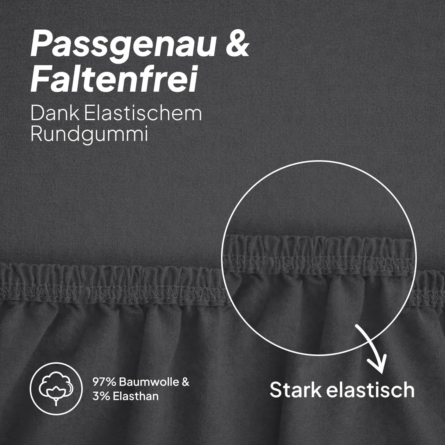 Dunkelgraues Jersey Spannbettlaken aus Baumwolle mit Elasthan. Zeigt elastischen Rundumgummi für faltenfreien, passgenauen Sitz.