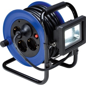 Blaue Kabeltrommel mit LED Strahler, 4 Steckdosen, 15m Kabel für Werkstatt & Garage.