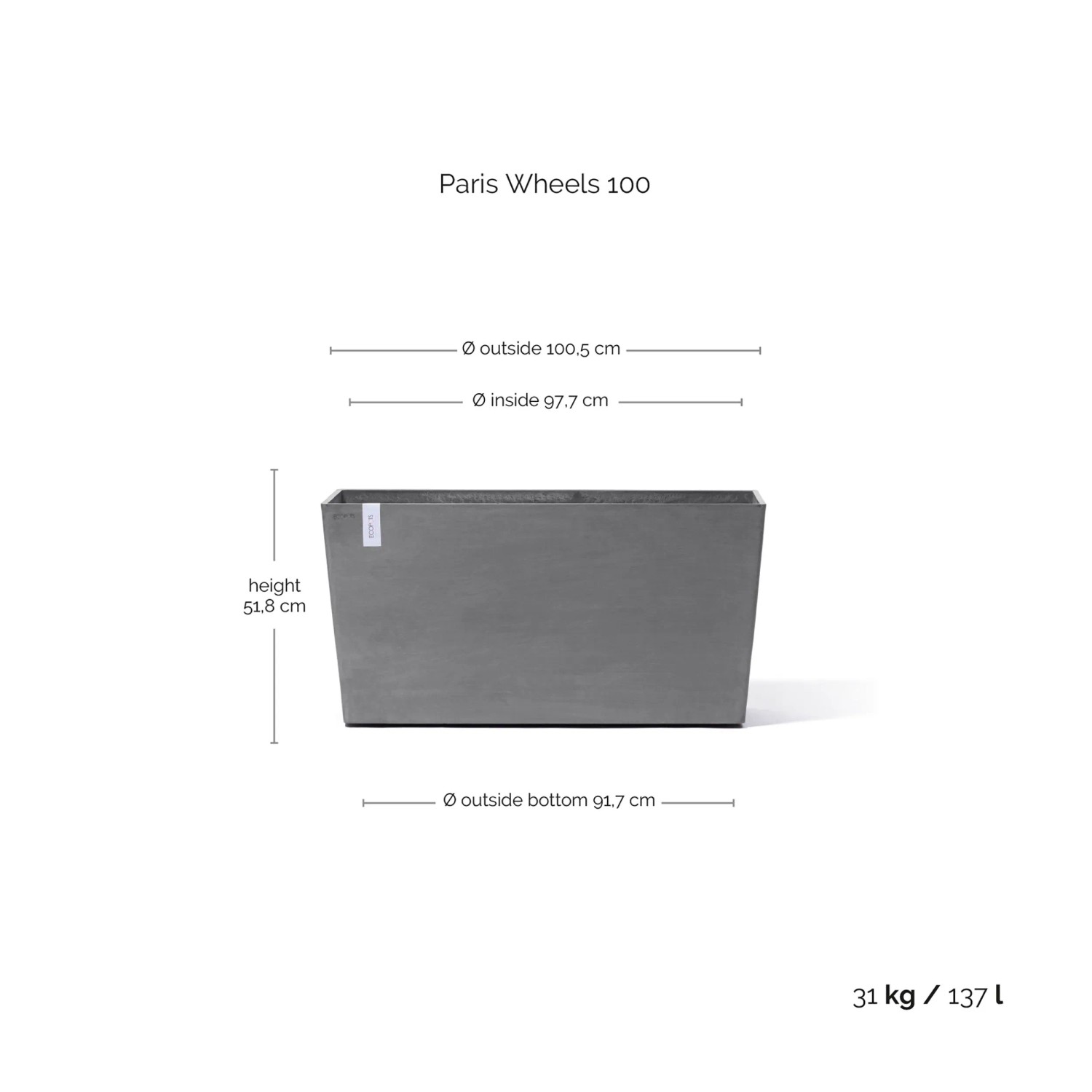 Ecopots Pflanztopf Paris Rollen Grau (HxBxT) 51 x 100 x 40 cm_3