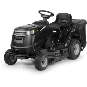 Schwarzer Alpina Rasentraktor AT4 84 A mit Fangkorb. Kompaktes Design für Rasenflächen bis 3000 m².