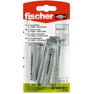 Fischer Universaldübel UX 10x60 mit Winkelhaken, geeignet für verschiedene Baustoffe.