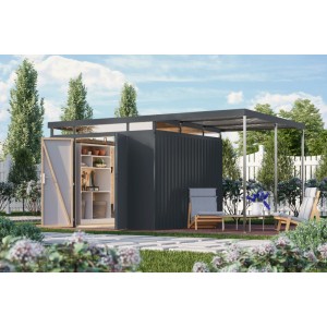 Karibu Metallgerätehaus Argos 3,5 mit Anbaudach 2m in Anthrazit, mit geöffneter Tür und Regalen.