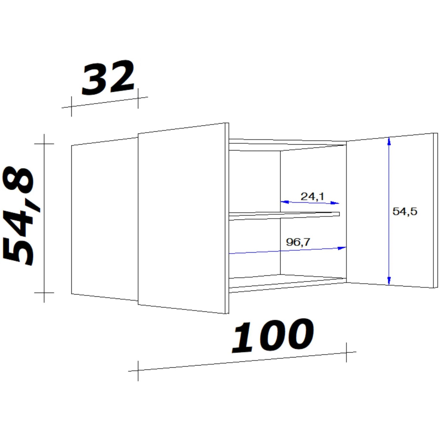 Technische Zeichnung: Flex-Well Oberschrank Lucca, 100 cm breit, mit Maßen. Küchen-Hängeschrank.