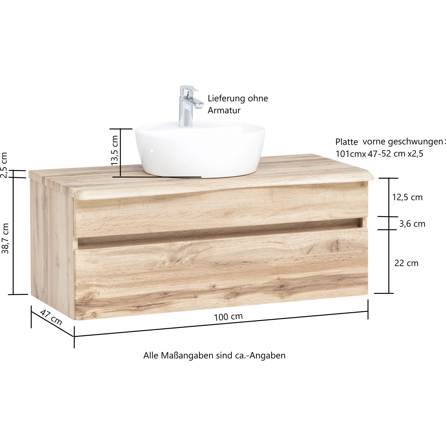 Held Möbel Waschtisch Trient 100 cm in Wotaneiche mit Aufsatzbecken, Frontansicht.