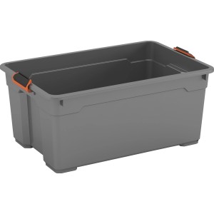 Dunkelgraue OBI Allzweckbox Cadiz Pro L aus Kunststoff, eine Aufbewahrungsbox mit orangefarbenen Verschlussclips.