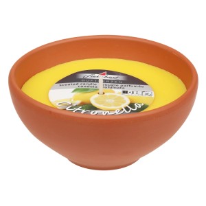 Steinhart Duftkerze Citronella in Terra-Schale Sake, Ø 10,3 cm. Gelbe Kerze in brauner Schale.