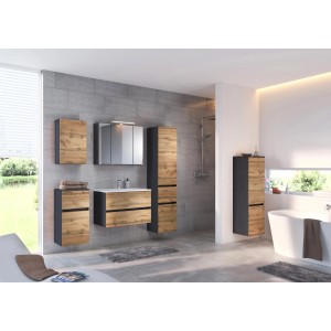 Held Möbel Waschtisch-Set Bari, 100 cm, Wotaneiche/Graphitgrau, mit Spiegelschrank und Mineralgussbecken.