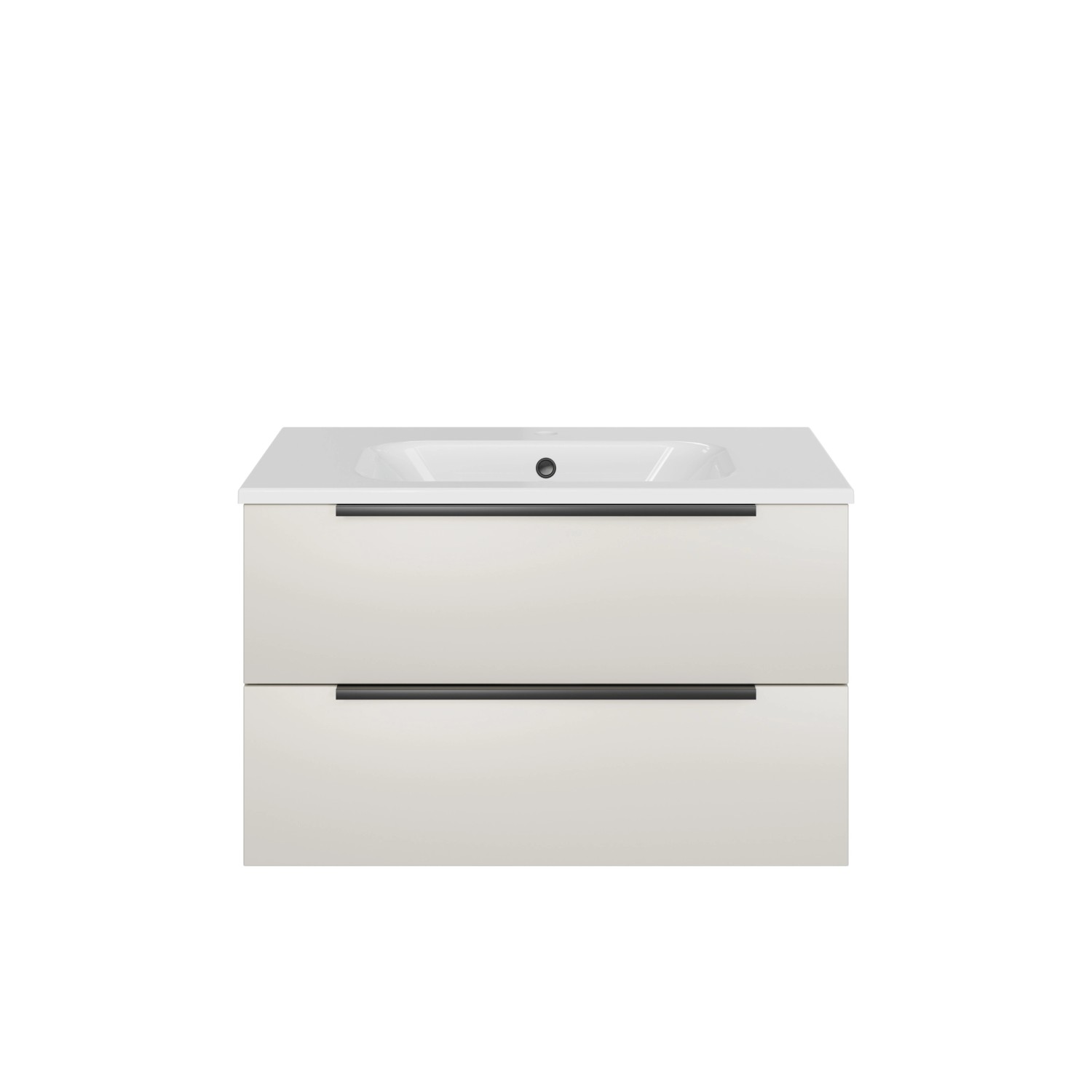 Pelipal Badmöbel-Set Quantum in Kaschmir Matt mit Mineralmarmor-Waschtisch und zwei Auszügen.