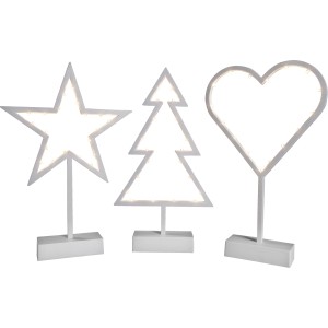 LED Deko-Baum Senori: Stern, Tanne und Herz aus Kunststoff, beleuchtet mit neutralweißen LEDs.