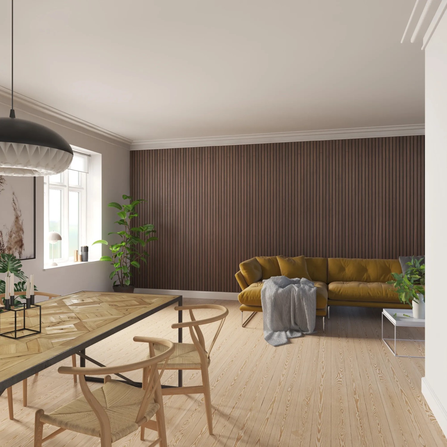 Wohnraum mit Akustikpaneel Lux Walnuss an der Wand, kombiniert mit Sofa und Esstisch.