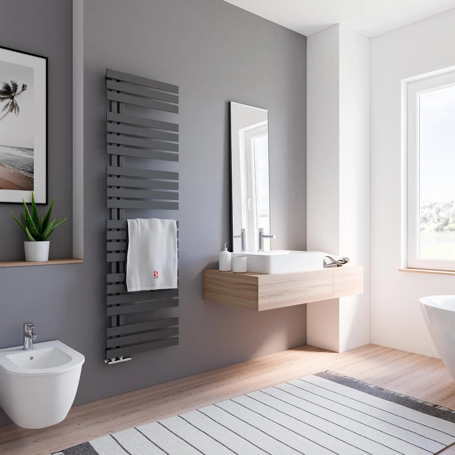 Anthrazitfarbener Schulte Design-Heizkörper Breda (718 W) im modernen Badezimmer.