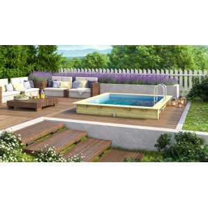 Karibu Holzpool 1 KDI 44 mm im Garten mit Leiter. Kesseldruckimprägniert für lange Haltbarkeit.