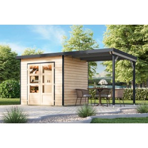 Karibu Gartenhaus Domingo 2 A mit Anbaudach, natur und anthrazitfarben. Holzgartenhaus mit Terrasse.