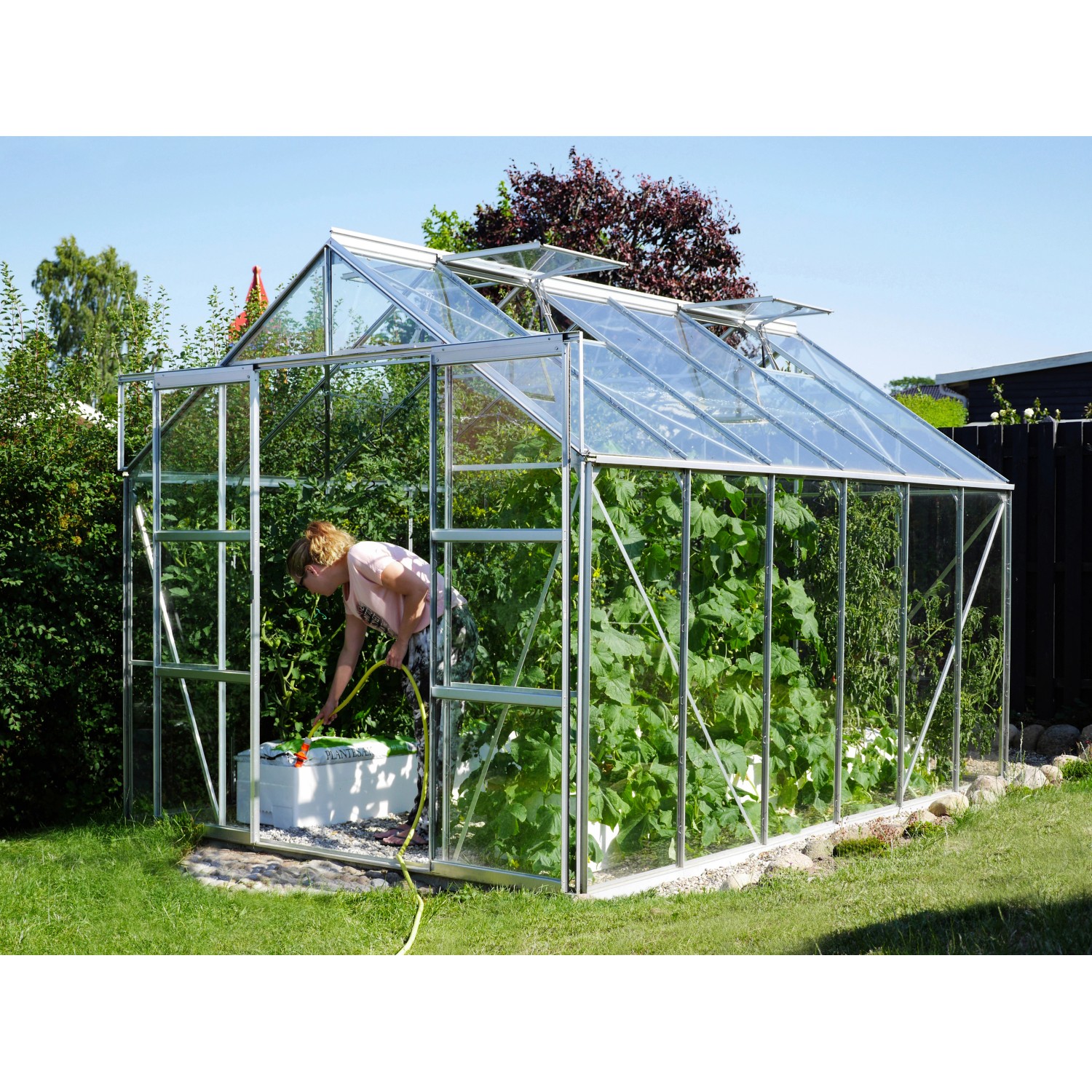 Vitavia Gewächshaus Uranus 9900 aus Alu blank mit Pflanzen und Person bei der Bewässerung.