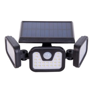 Schwarze Näve LED Solar-Wandleuchte Pacita für den Außenbereich mit Solarpanel und drei Leuchten.