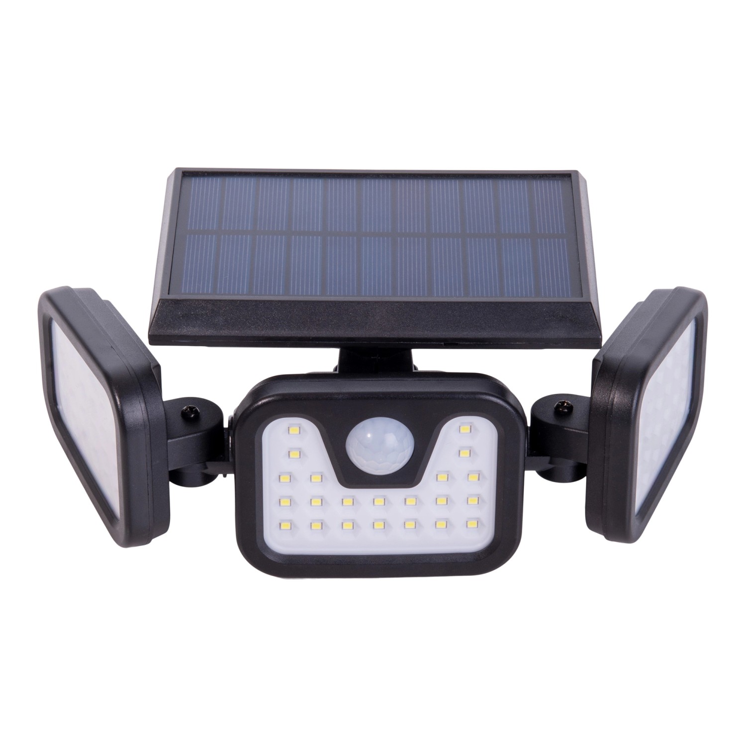 Schwarze Näve LED Solar-Wandleuchte Pacita für den Außenbereich mit Solarpanel und drei Leuchten.
