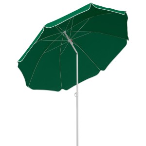 Grüner Schneider Balkonschirm Ø 180 cm mit Push-Up Mechanik und weißer Umrandung.