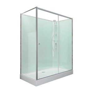 Schulte Komplettduschkabine Ibiza mit Eckeinstieg, Schiebetür und hellgrünen Rückwänden.