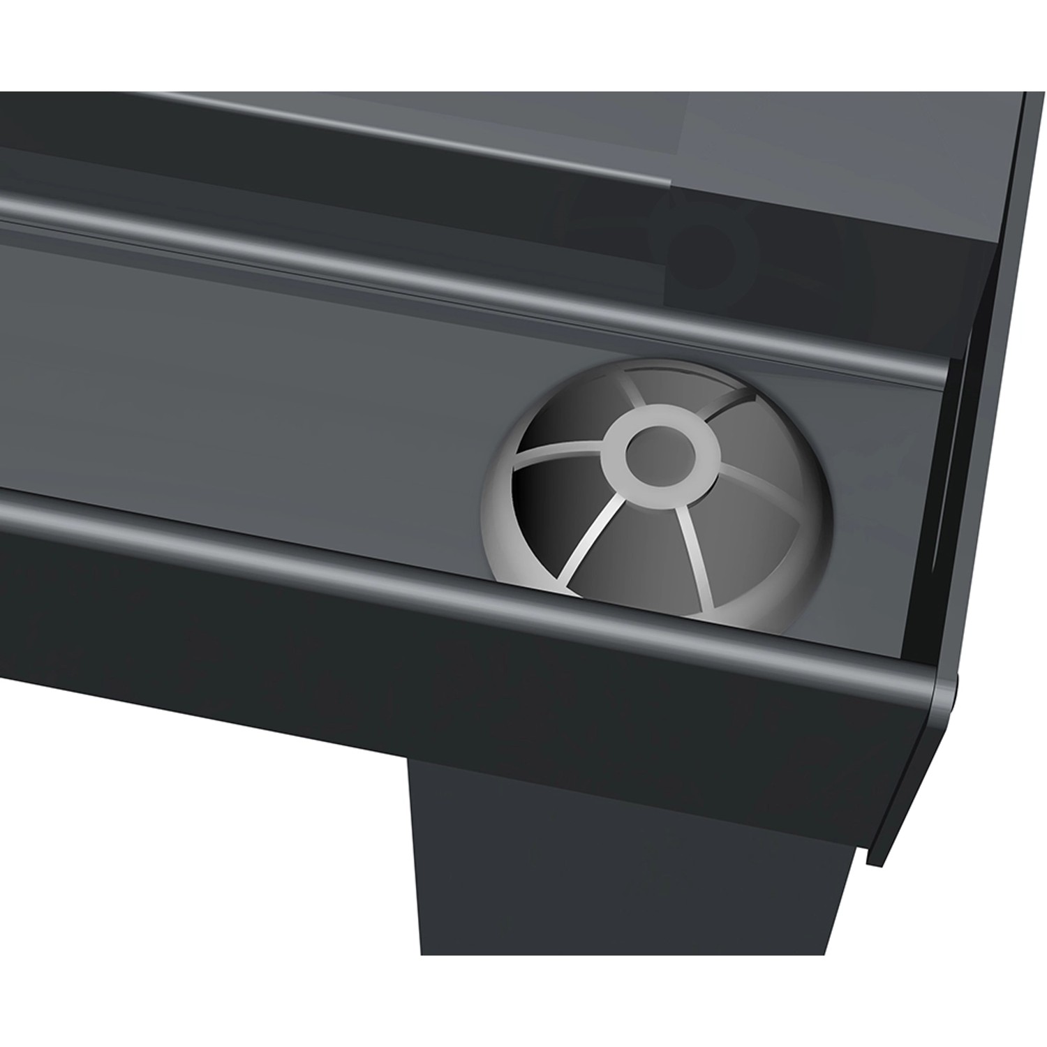 Detailaufnahme: Integrierter Regenablauf der anthrazitfarbenen Terrassenüberdachung aus Glas.