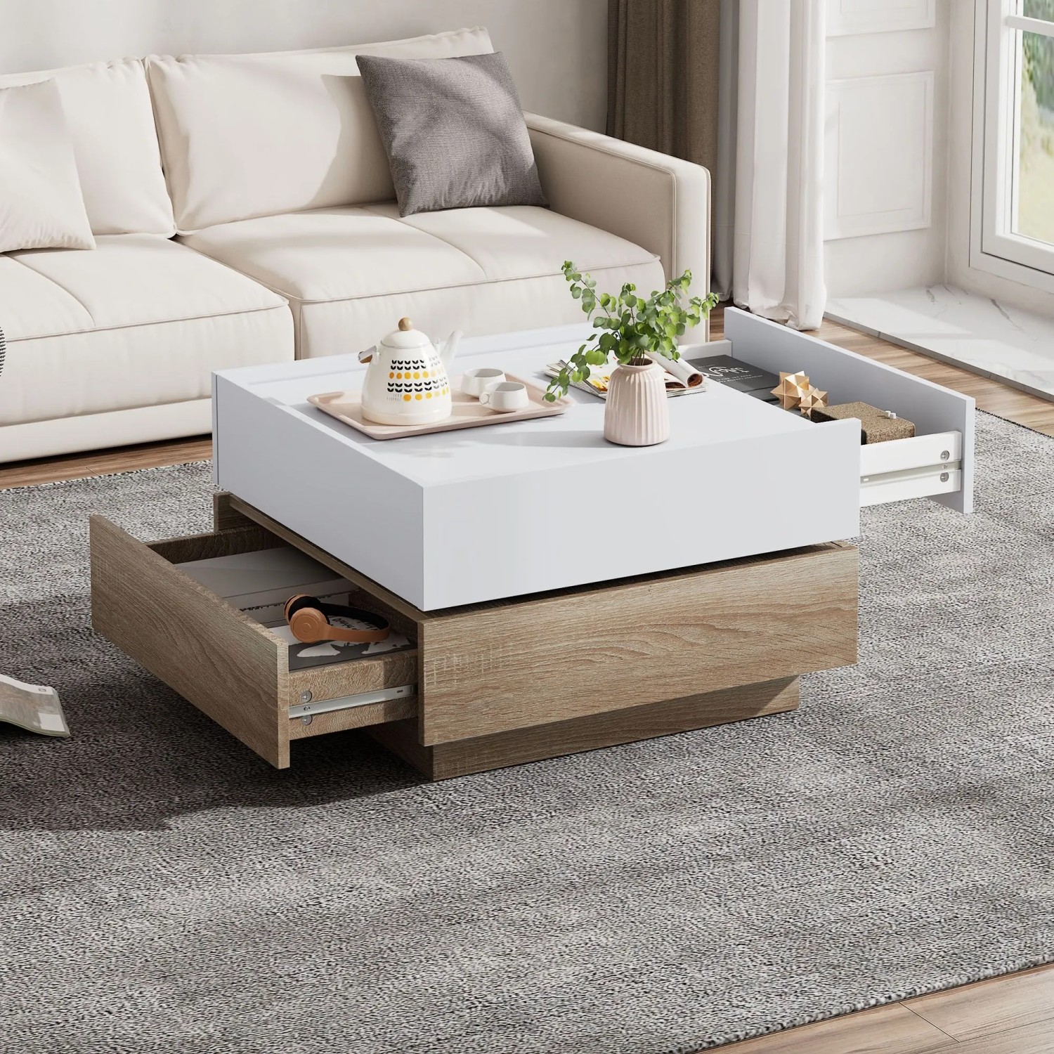 Merax Couchtisch Drehbar mit Stauraum 2 Etagen Weiß Walnussoptik kaufen bei OBI