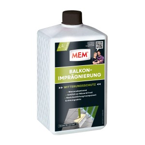 Weiße Flasche MEM Balkon-Imprägnierung 1 l für Bauabdichtung und Wetterschutz.