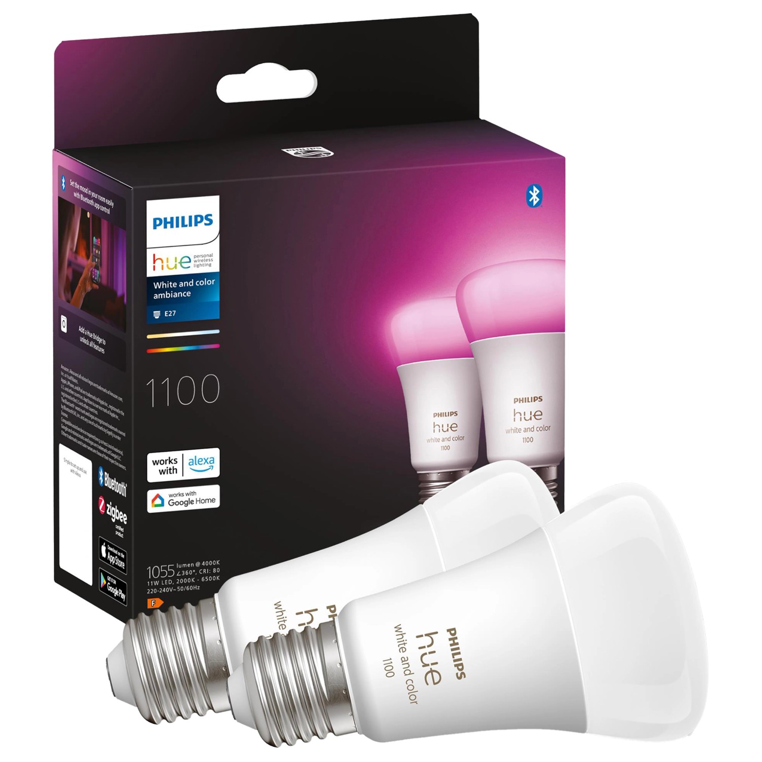 2er-Pack Philips Hue E27 LED-Lampen mit Farbwechsel und warmweißem Licht, 1100 Lumen.