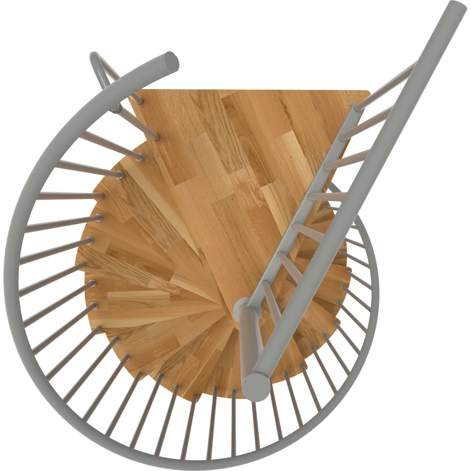 Minka Spindeltreppe Spiral Smart Eiche Grau, Aufsicht. Innentreppe mit Holzstufen und grauem Geländer.