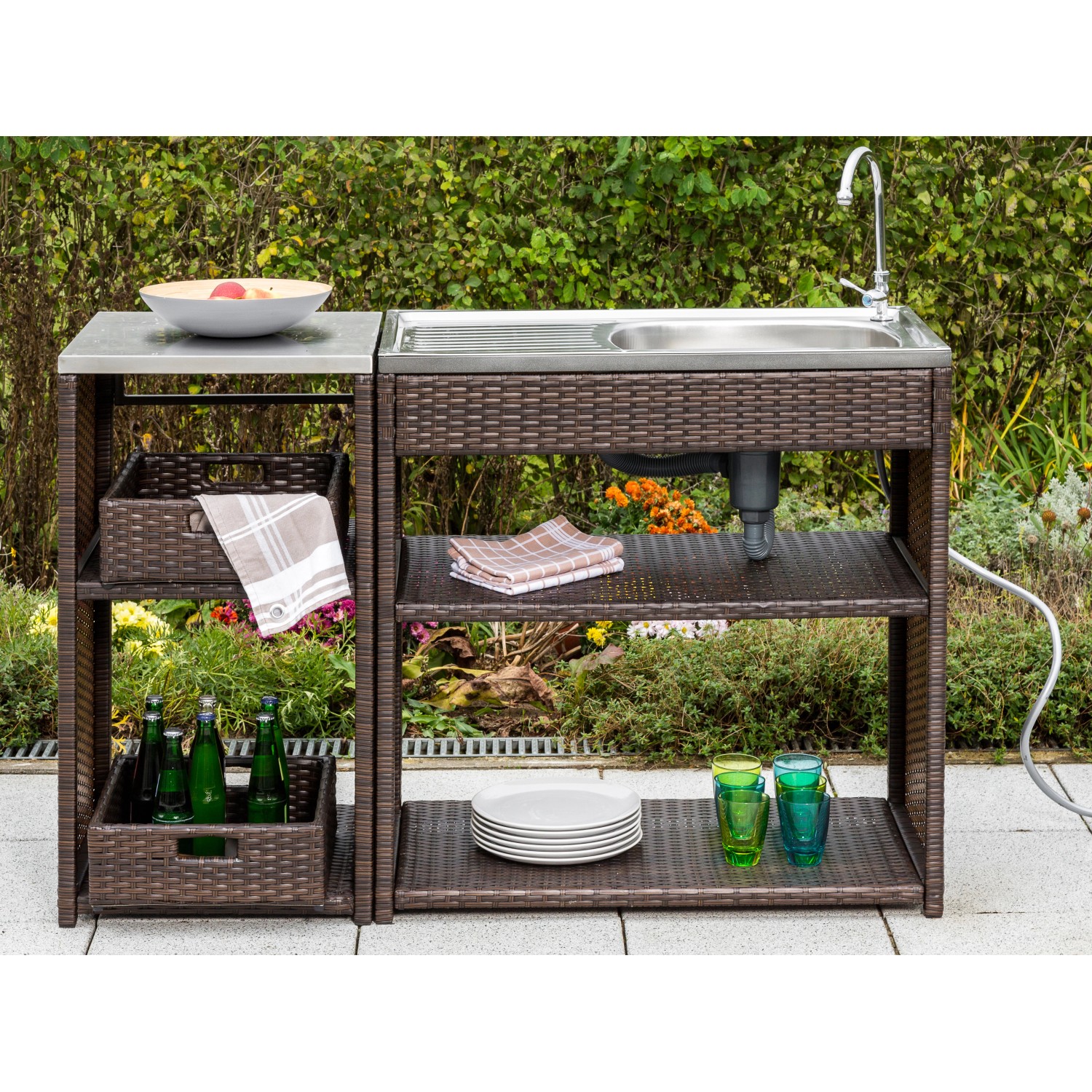 Gartenspültisch mit Edelstahlspüle und Sideboard Polyrattan kaufen bei OBI