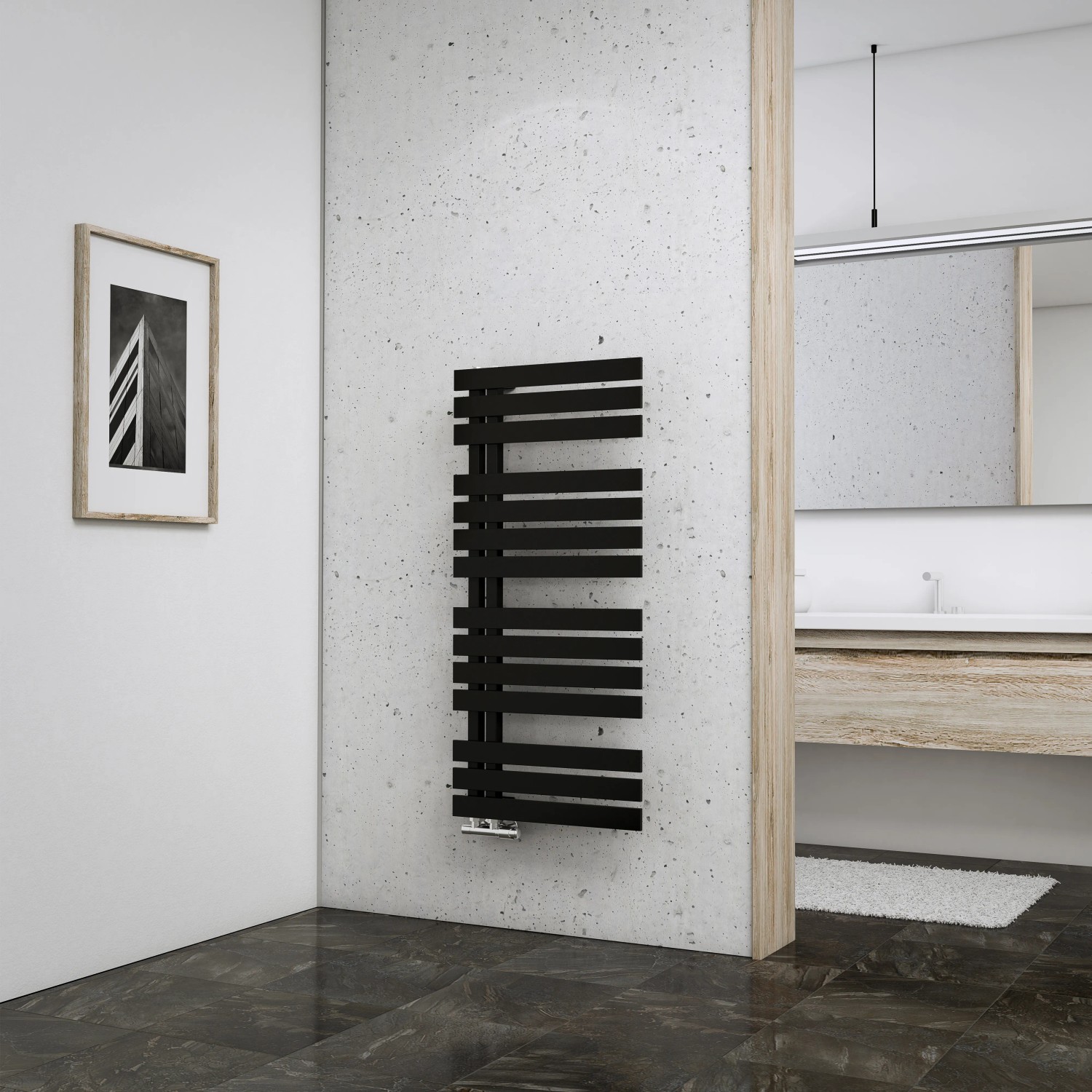 Schulte Design-Heizkörper Breda, 477 W, Anthrazit, mit horizontalen Heizstäben im modernen Bad.