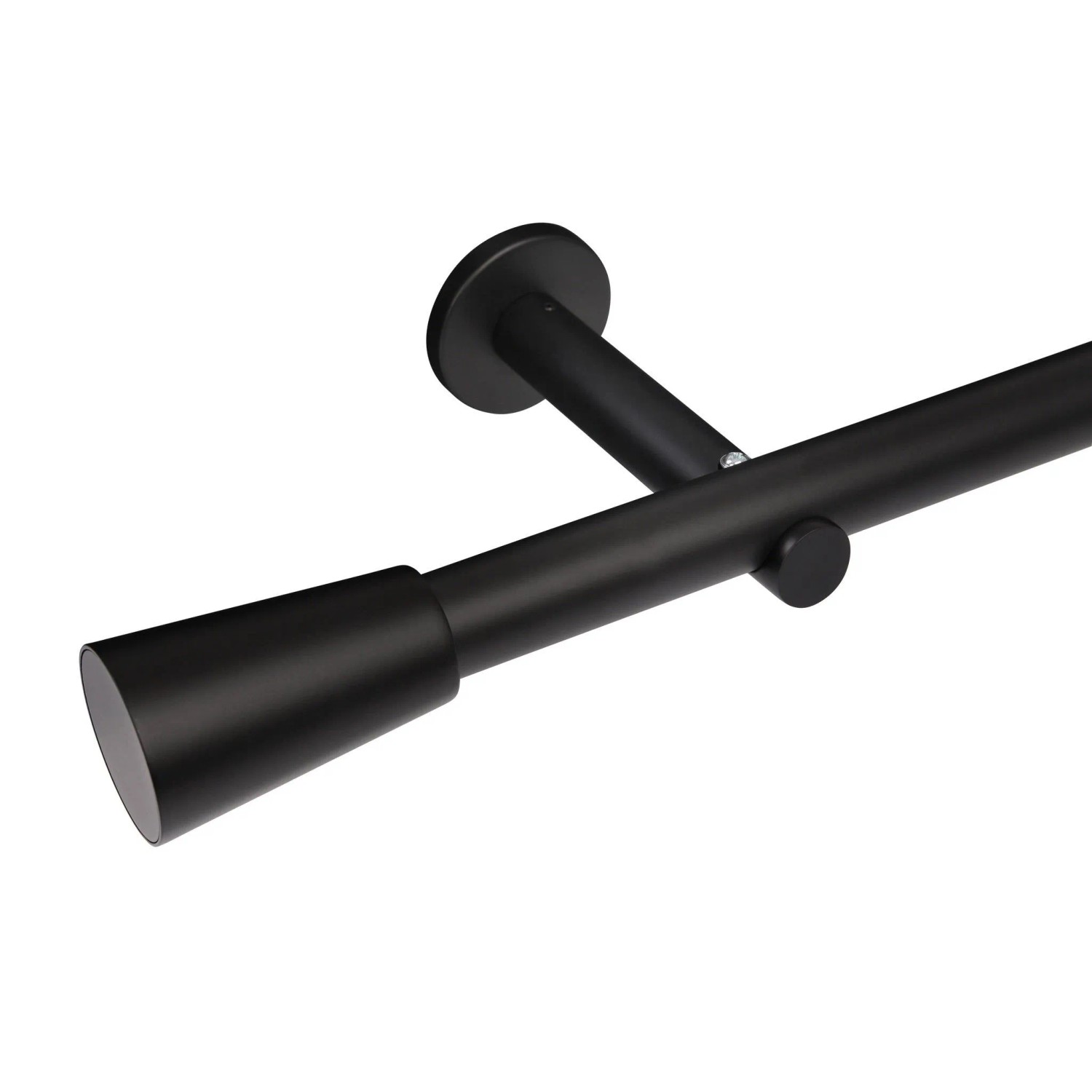 Schwarze 1-läufige Gardinenstange mit Kegel-Endstück und Wandhalterung. Ideal für Dekoartikel & Wohnaccessoires.