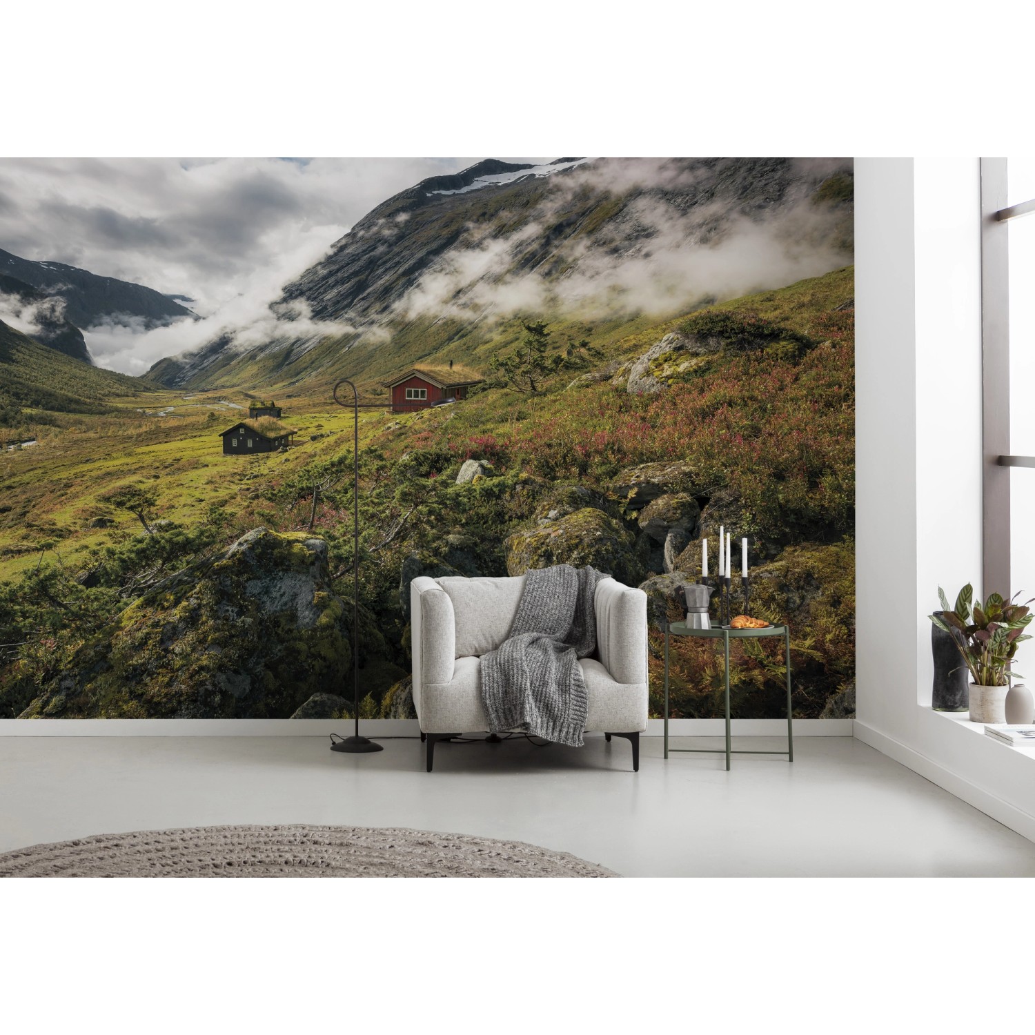 Vlies Fototapete Pure Norway mit Berglandschaft und Häusern, 450x280 cm.
