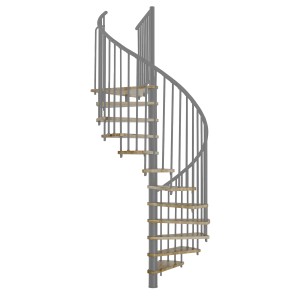 Graue Minka Spindeltreppe Spiral Effect Ø 140 cm mit Eichenholzstufen.
