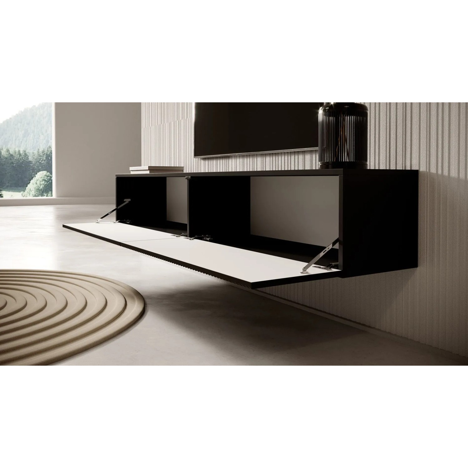 Schwarzes Selsey Veldio TV-Hängeboard, 175 cm, matte Lamellenfront, zwei offene Fächer mit hellem Innenraum.