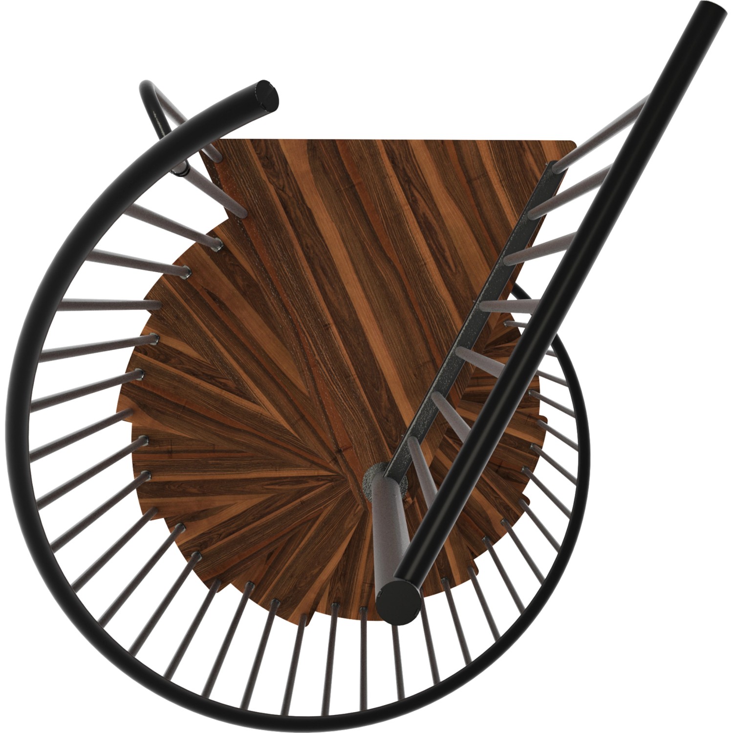 Minka Spindeltreppe Spiral Smart, Walnuss-Holzstufen, schwarzes Metallgeländer, Aufsicht.