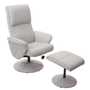 Creme-beiger Relaxsessel Stockholm mit Hocker, Stoffbezug, drehbar und verstellbar.