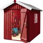 Weka Gartenhaus Schwedenrot mit Satteldach, lasiert, mit geöffneter Tür und Gartengeräten.