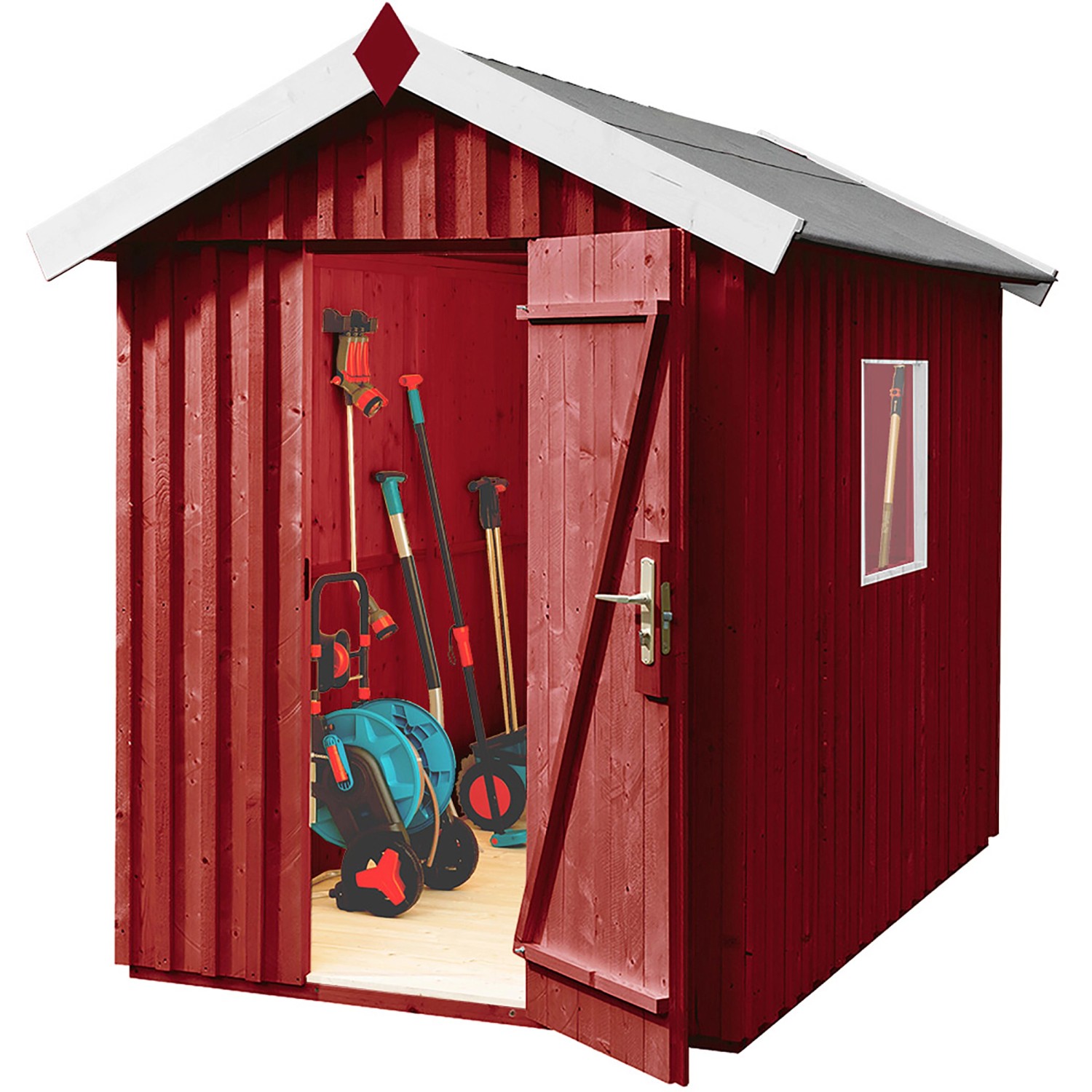 Weka Gartenhaus Schwedenrot mit Satteldach, lasiert, mit geöffneter Tür und Gartengeräten.