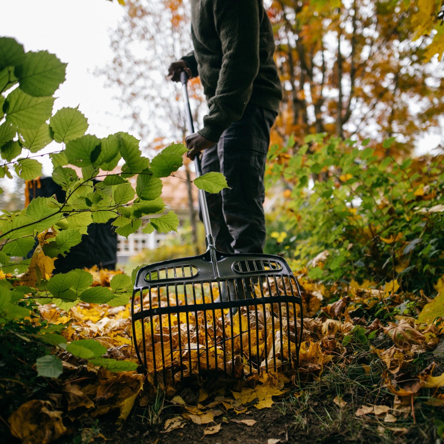 Fiskars Ergonomic Schaufelrechen im Einsatz zum Aufsammeln von Laub im Garten.