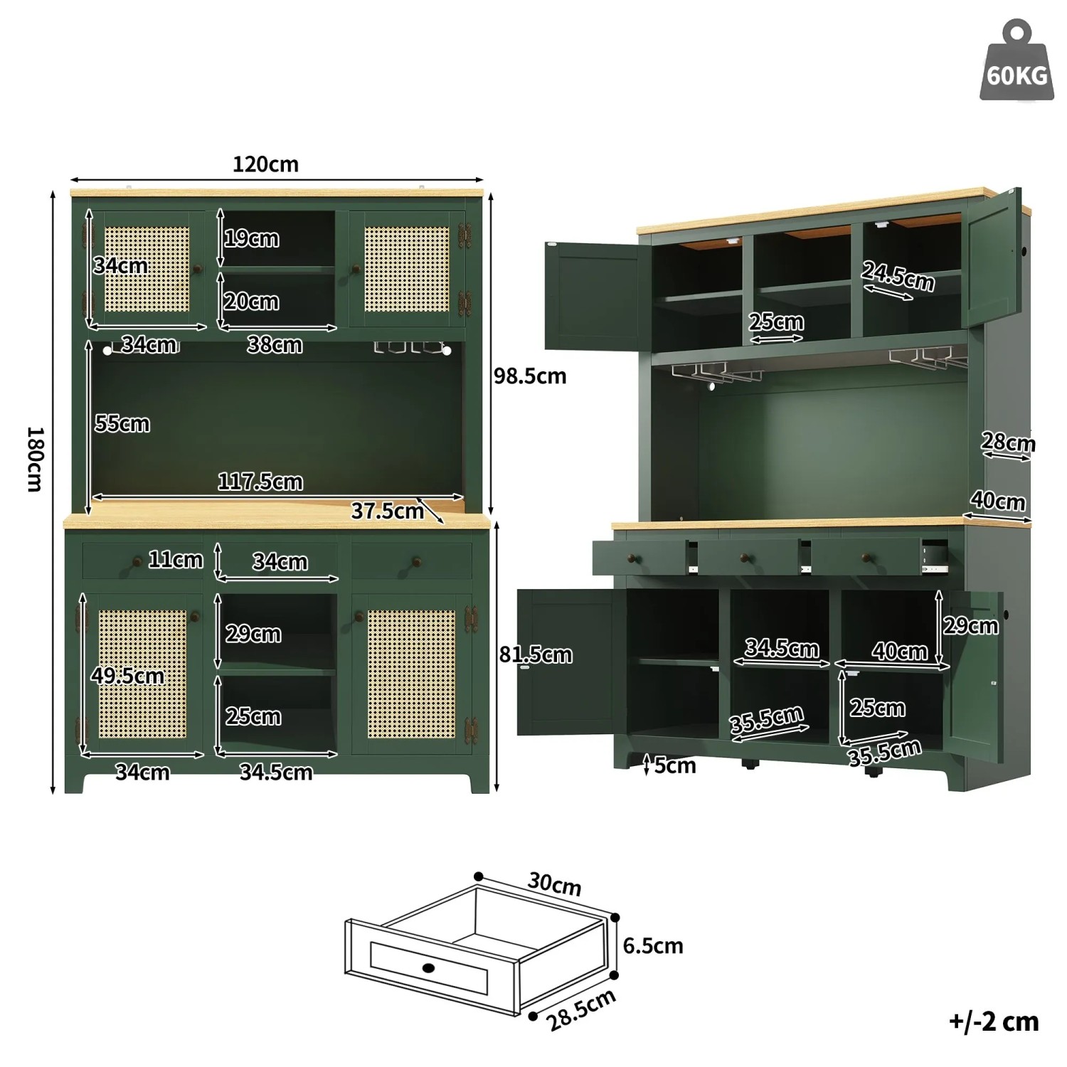 okwish Hochschrank mit LED Lichtsystem Rattan Kippsicherung Küche 120x40x180cm Grün_5
