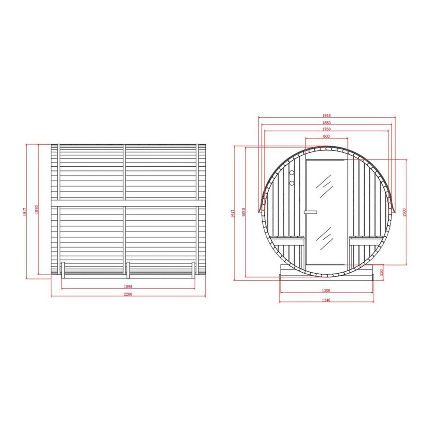 Skizze der Home Deluxe Fasssauna Lahti Deluxe L mit Maßen für Planung und Aufbau.