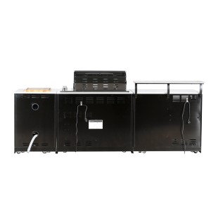 Rückansicht der Buschbeck Outdoorküche Bradford aus schwarzem Edelstahl mit weißer Marmorplatte.