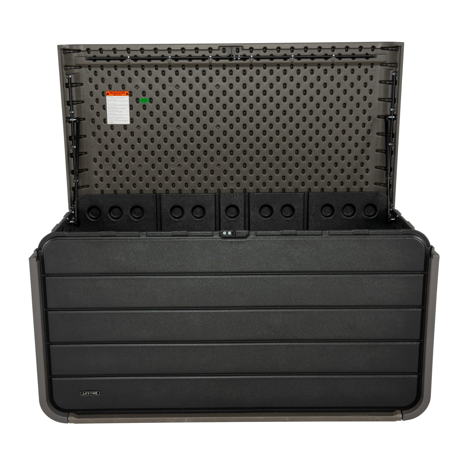 Geöffnete, graue Lifetime Kissenbox (625 l) aus Kunststoff. Ideal zur Aufbewahrung von Gartenutensilien.