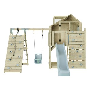 PolarPlay Babyschaukel Anika Eisblau mit Rutsche, Kletterwand und Spielhaus für den Garten.