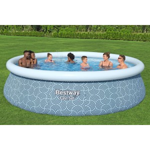 Bestway Fast Set Pool mit Grafikdesign und Familie im Garten, inkl. Filterpumpe.