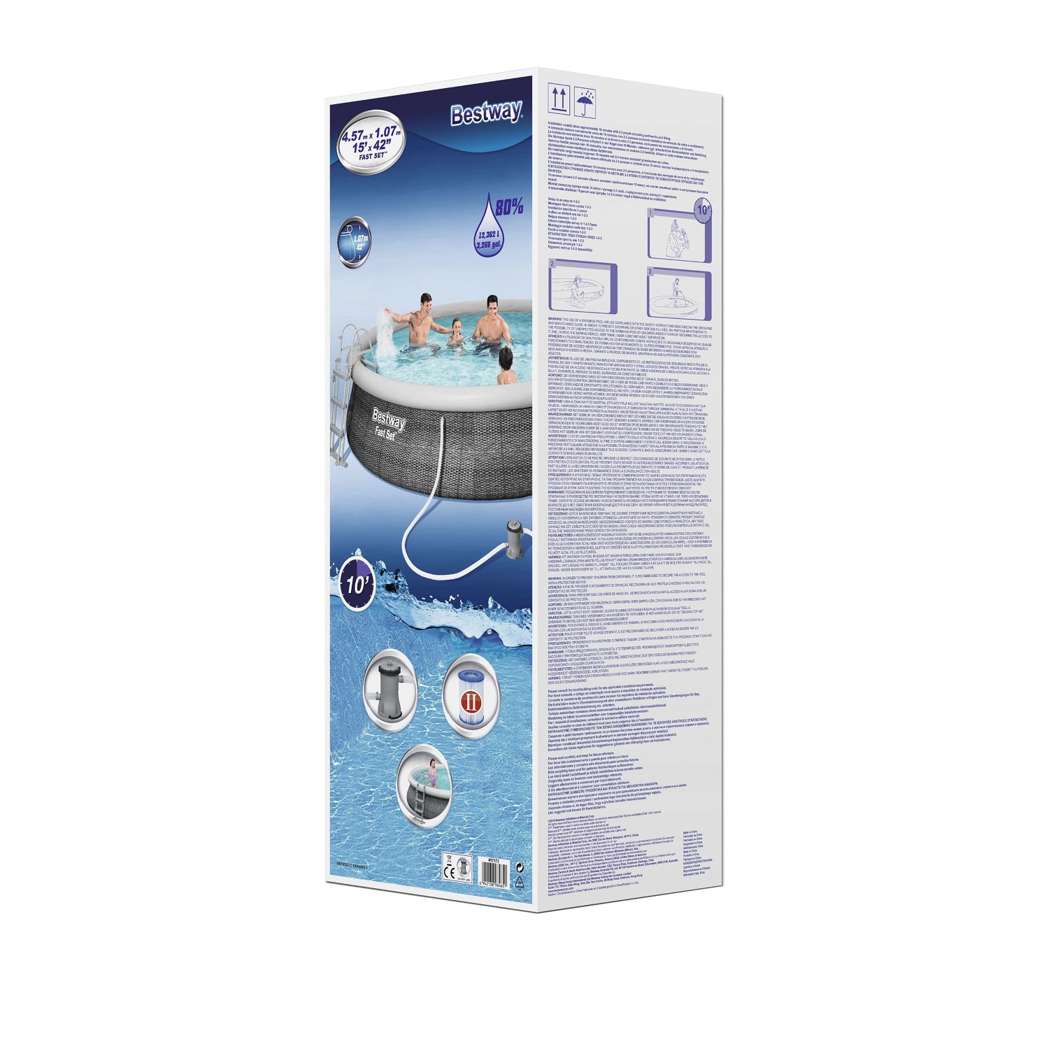 Verpackung des Bestway Fast Set Aufstellpool-Set Ø 457 cm, Rattan-Optik, mit Pumpe und Leiter.