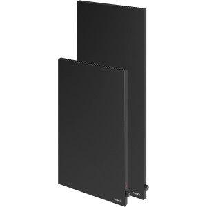 Zwei schwarze Vasner Konvi VE Hybrid-Infrarotheizungen (1200W) im schlanken, vertikalen Design.
