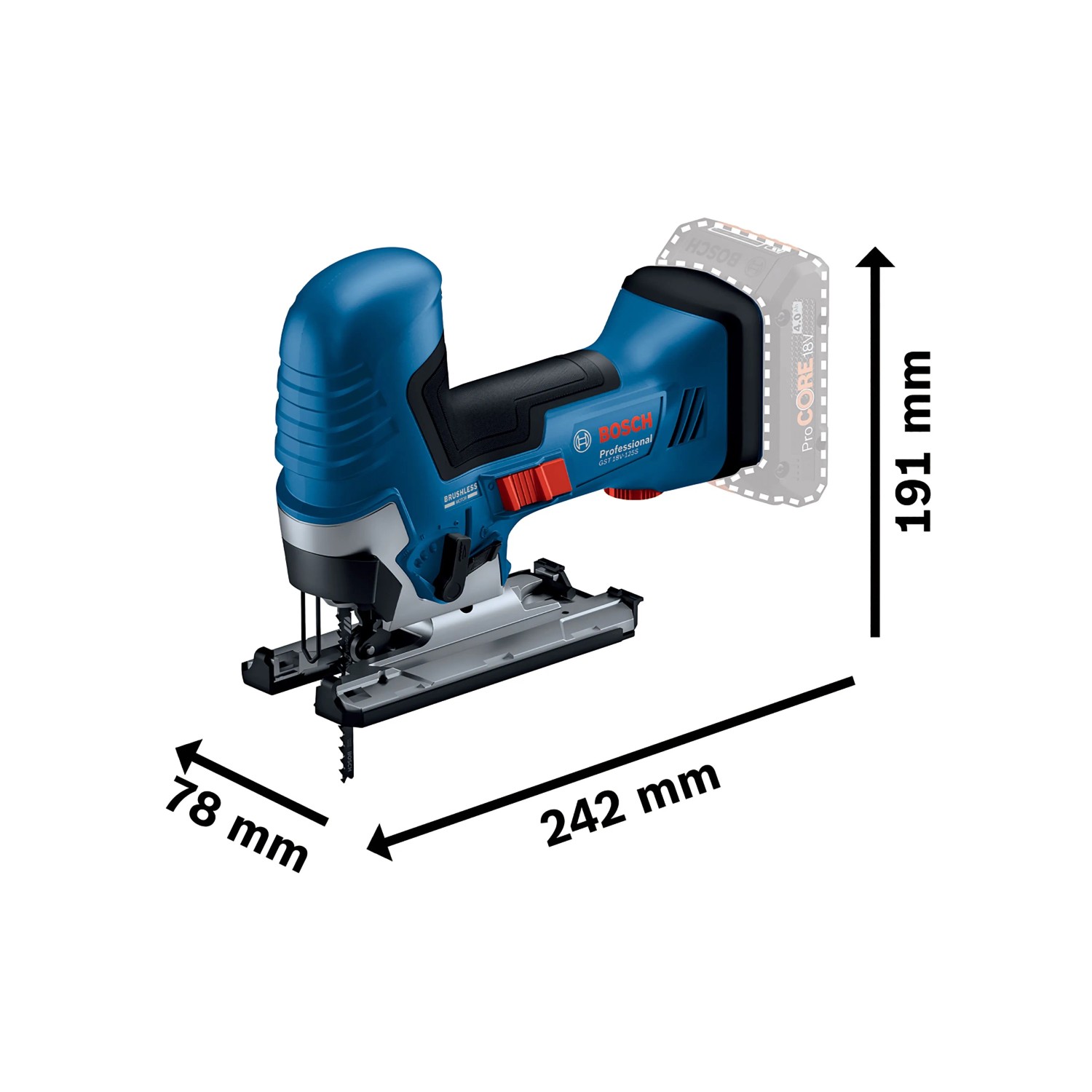 Bosch Professional Akku-Stichsäge GST 18 V-125 S, blau, mit Stabgriff. Maße: 242x78x191 mm.